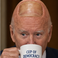 Toe Biden sipping from a Cup of Democracy mug